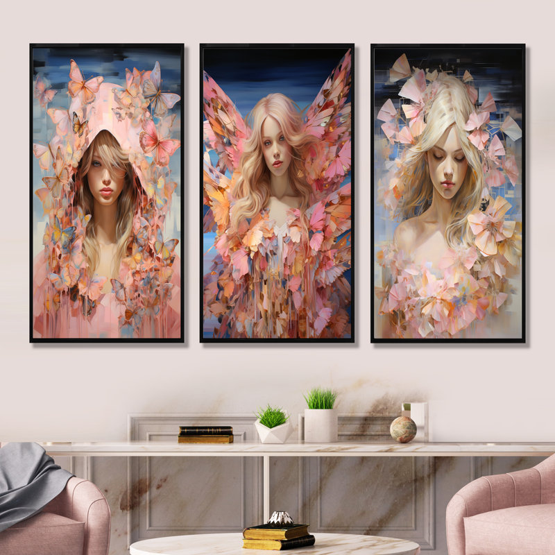 Papillon rose et bleu «Angel» - ensemble de 3 décorations murales femme glam, Cadre flottant noir, H 28 po x l 36 po