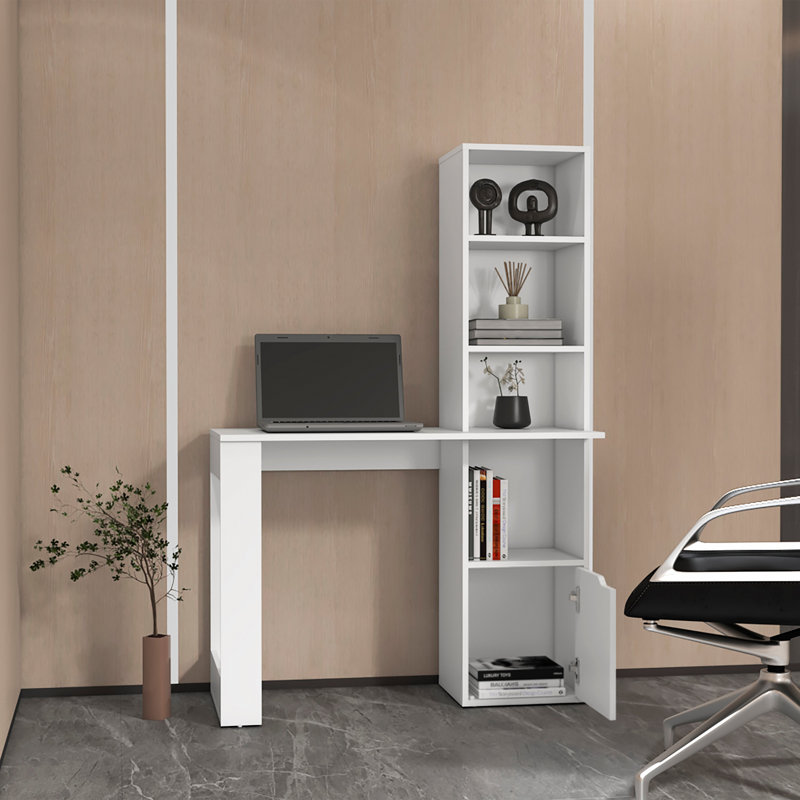 Bureau d'ordinateur avec bibliothèque à 4 niveaux et armoire à 1 porte, Blanc