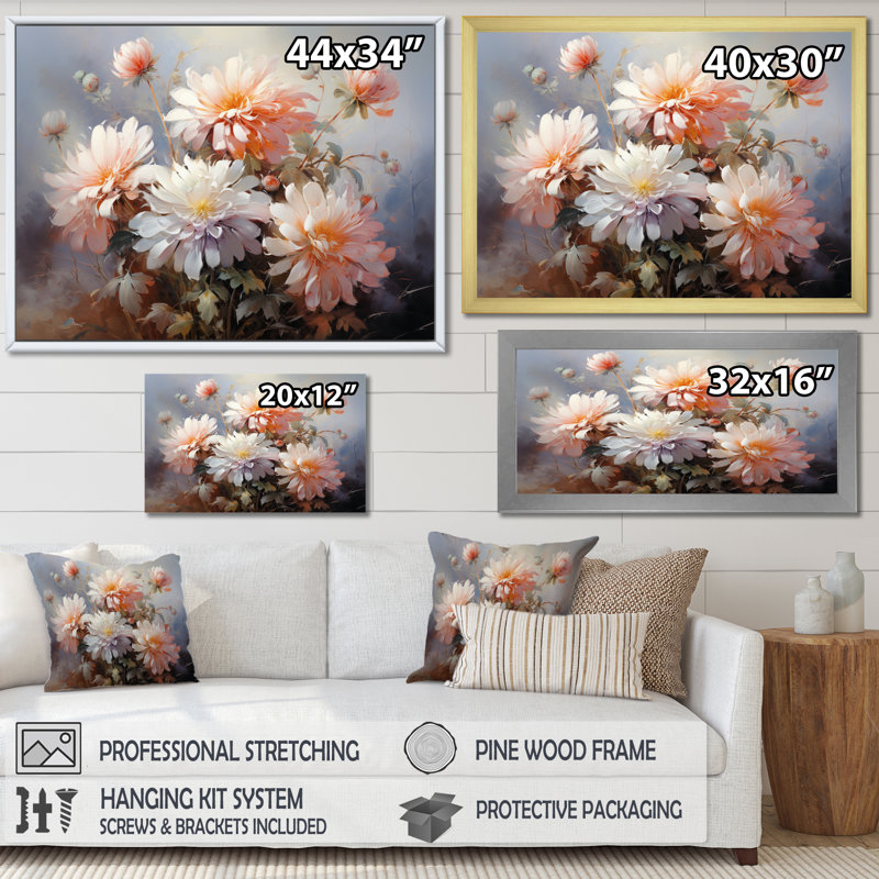 Impression romantique Sulgrave Peach Chrysanthemums III, Cadre flottant doré, H 30 po x l 40 po x P 1,5 po