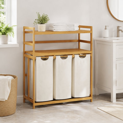 Panier à linge et tablette de rangement en bambou avec panier à linge à 3 compartiments