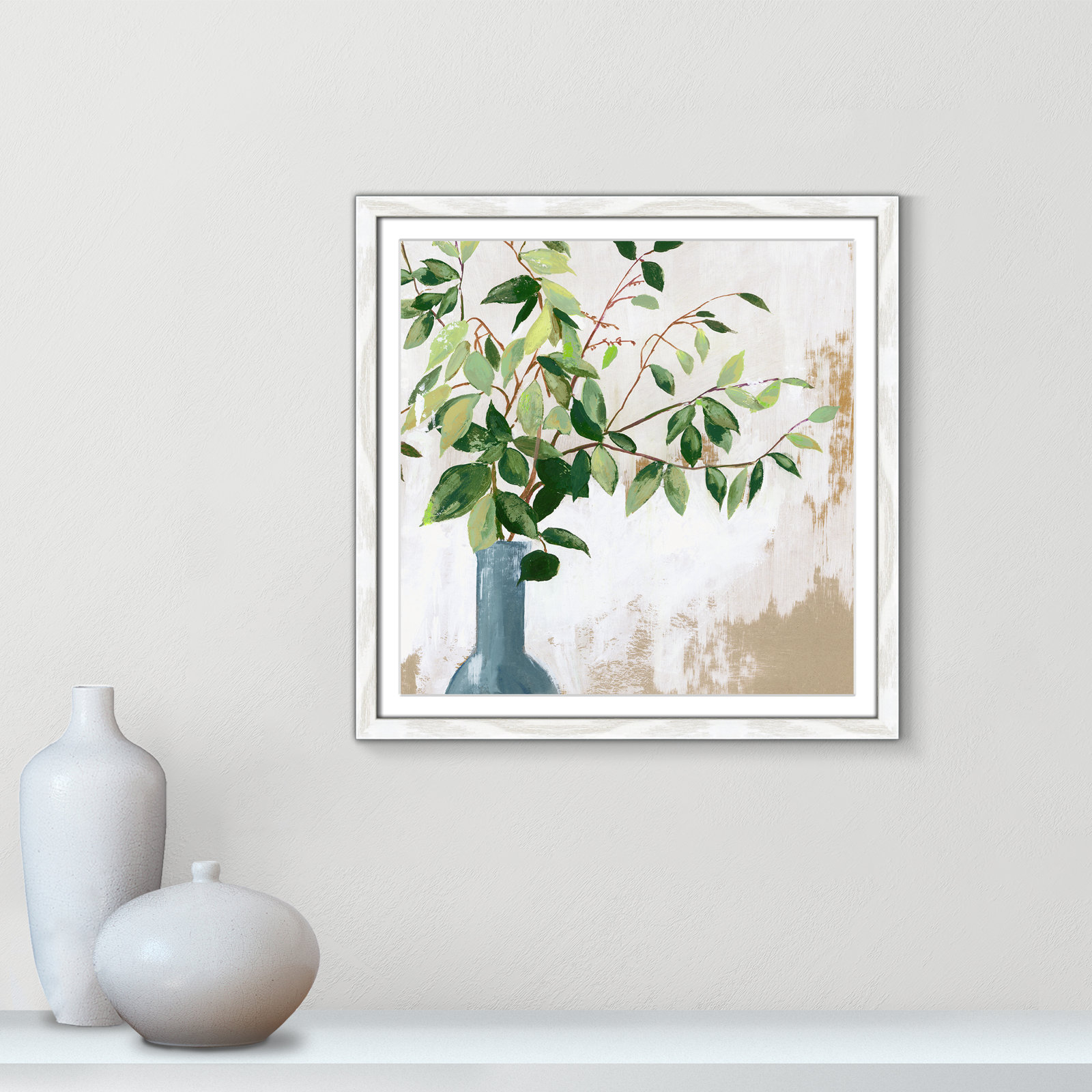 Mabank "Green Fall Leaves" Painting by Asia Jensen, 17" H x 17" W x 0.75" D, White Framed