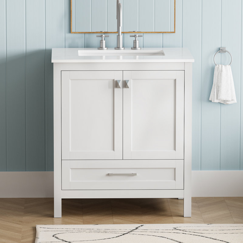 30" Freestanding Single Bathroom Vanity with Engineered Marble Top, Undermounted Ceramic Sink, Soft-Close Door, Solid Wood Drawer, 3 Colors Option