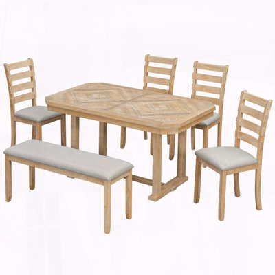 Ensemble de salle à manger 6 pièces avec plateau à motif géométrique et sièges rembourrés (brosse en poudre naturelle)