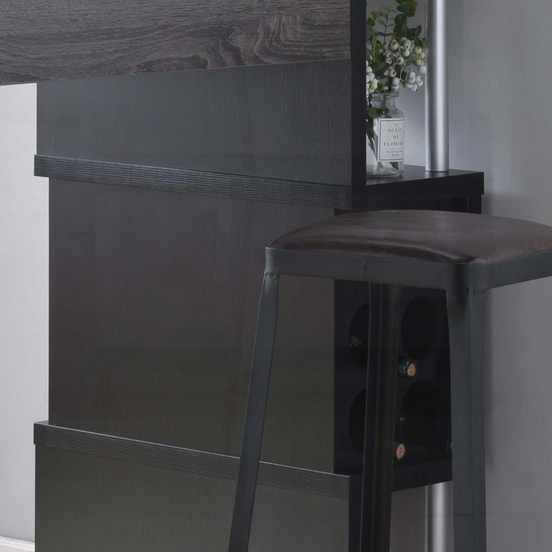 Table de bar à deux tons avec compartiment pour verres à vin et trois tablettes - gris vieilli et noir