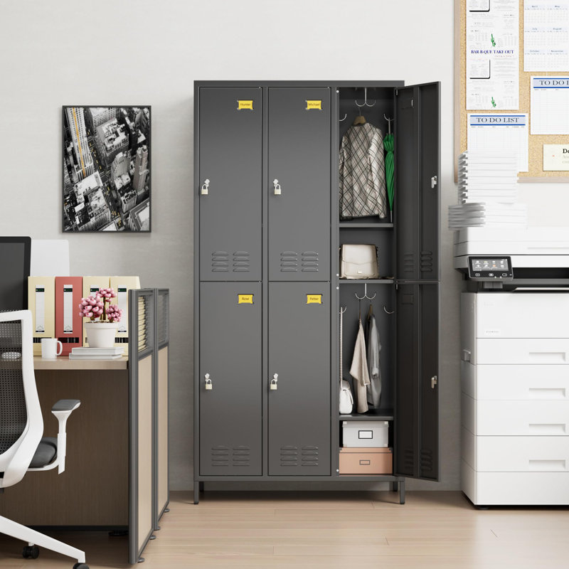 Upgraded Metal Storage Locker For Employees, 6 Doors Metal Lockers Cabinet With Lock And Name Card Slot, Industrial Storage With 18 Hooks, For Office Gym, Assembly Required, Black