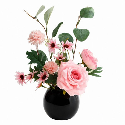 12,6 po Arrangement de fleurs artificielles roses roses dans un vase en céramique noir ultrabrillant