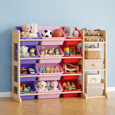 Kids Toy Storage Organizer, 12 Bins & 3 Open Shelves Wooden Storage Cabinet, Solid Wood Toy Shelf for Playroom, Bedroom & Living Room