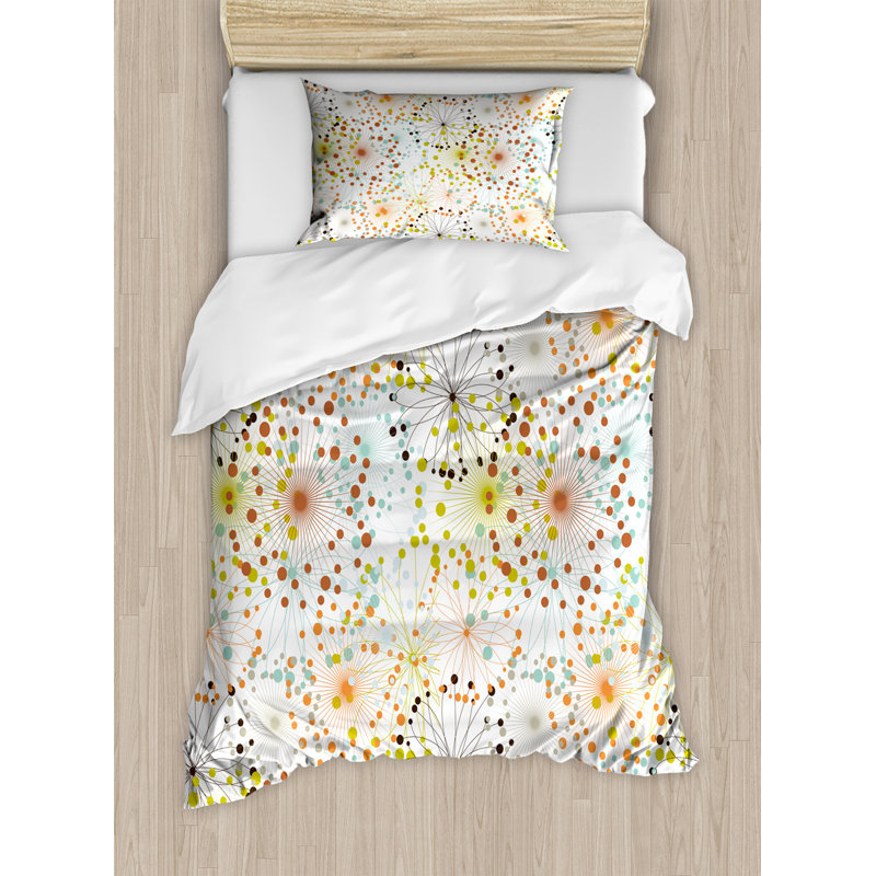 Flower Polyester Duvet Cover, Twin Duvet Cover + 1 Pillow Sham, Lines with Vibrant Dot