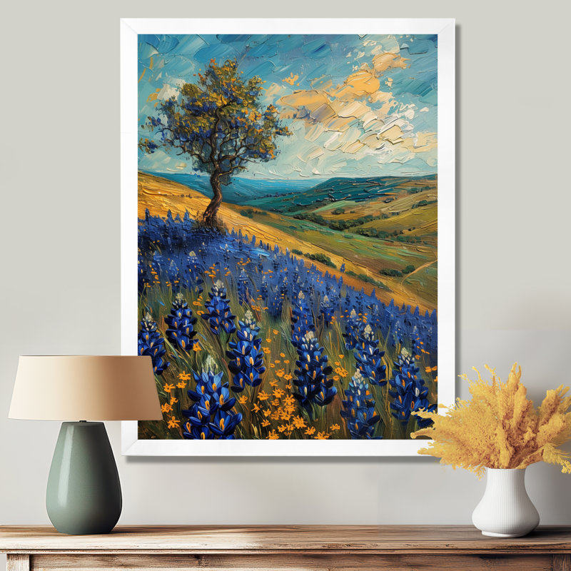 «Blue Green Morning Magic Blue Bonnets Fields» - art mural Bonnets bleus, Cadre photo noir, H 12 po x l 20 po