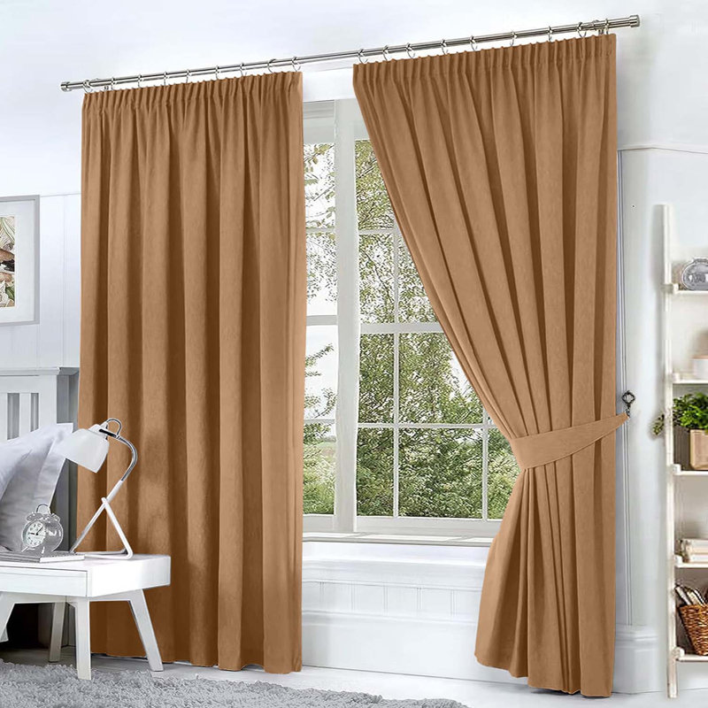 Blackout Pencil Pleat Curtains - Light Blocking, Thermal Insulated Window Drapes, Beige, 117cm Width x 137cm Drop