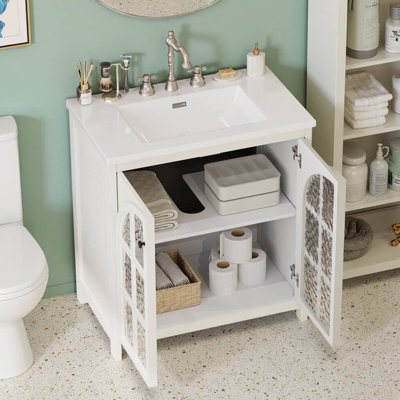30" Vintage Rustic Bathroom Vanity with Ceramic Sink Faux Aged Finish, 2 Soft-Close Doors with Bronze Pulls, Adjustable Shelf, Farmhouse Storage Cabinet