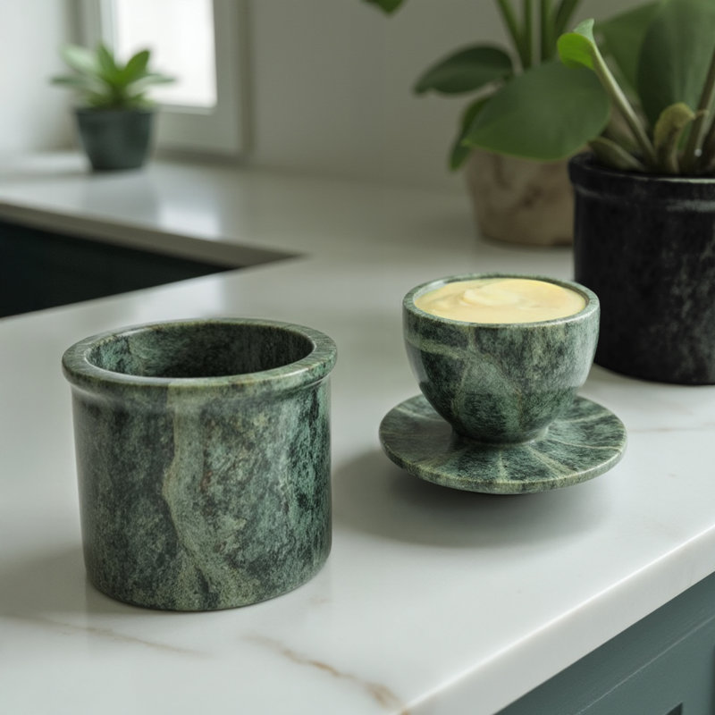 Pot à beurre en marbre naturel avec couvercle - décoration faite à la main et comptoir 4 po, Vert forêt