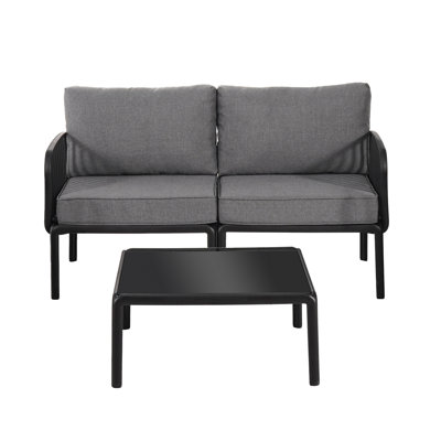 3 Piece Patio Conversation Sets, Modern Outdoor Patio Sectional Furniture Set With Square Coffee Table, Waterproof Thick Cushion Deep Seating For Porch, Balcony, Black & Dark Gray