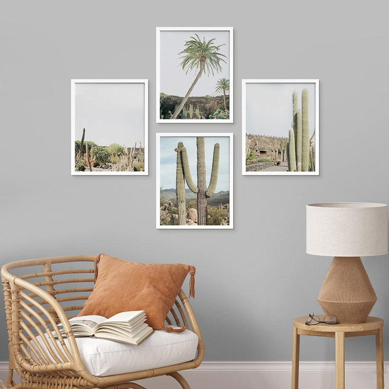 «Tropical Palm Tree Saguaro Cactus», reproduction encadrée de 4 pièces, H 10 po x l 8 po x P 1 po, Cadre blanc