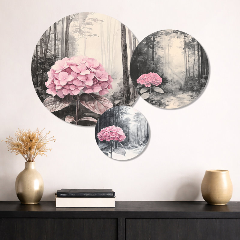 Hortensias dans la forêt monochrome I - hortensia rose, ensemble d'art mural en métal de 3