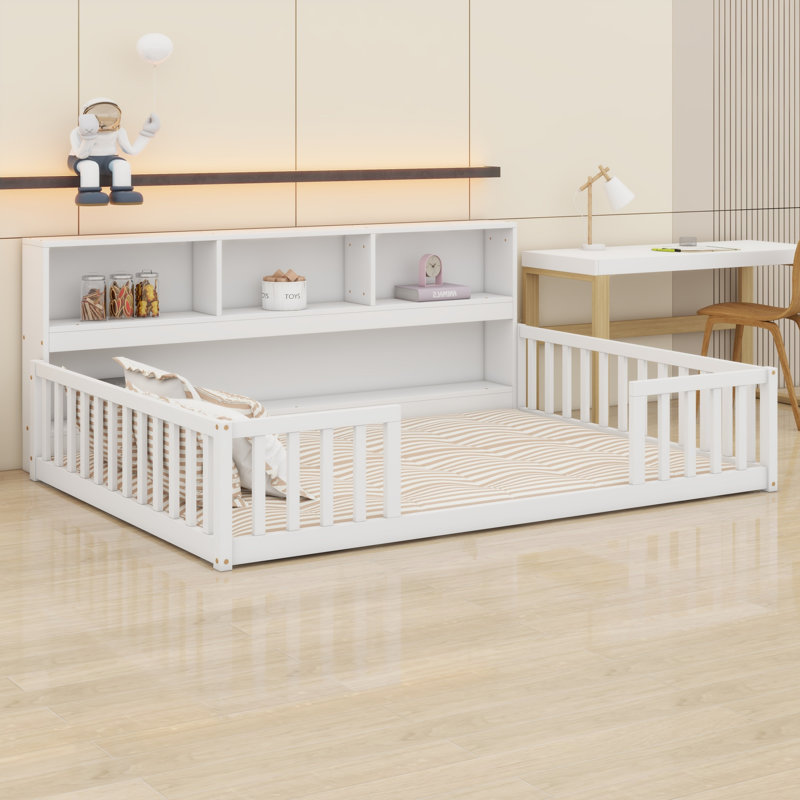 Floor Bed with Convenient Shelves and Protective Guardrails, White