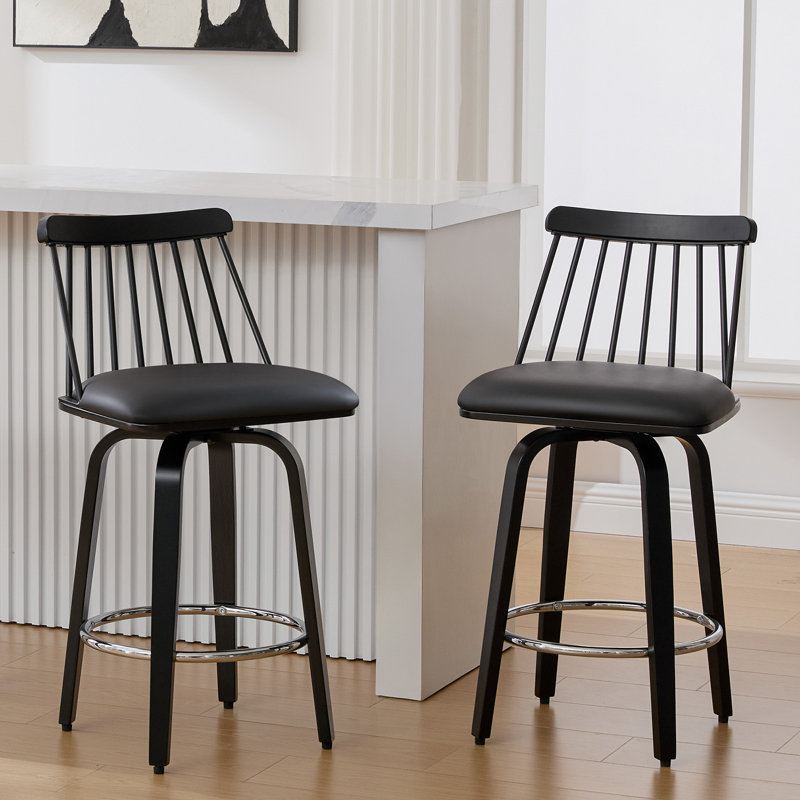 26'' Modern Swivel Counter Bar Stool with Spindle Back and Padded Seat, 2, Black