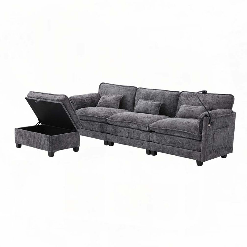 Canapé-lit modulaire en tissu chenille de 109,84 po avec repose-pieds de rangement mobile, support pour téléphone, port de charge USB
