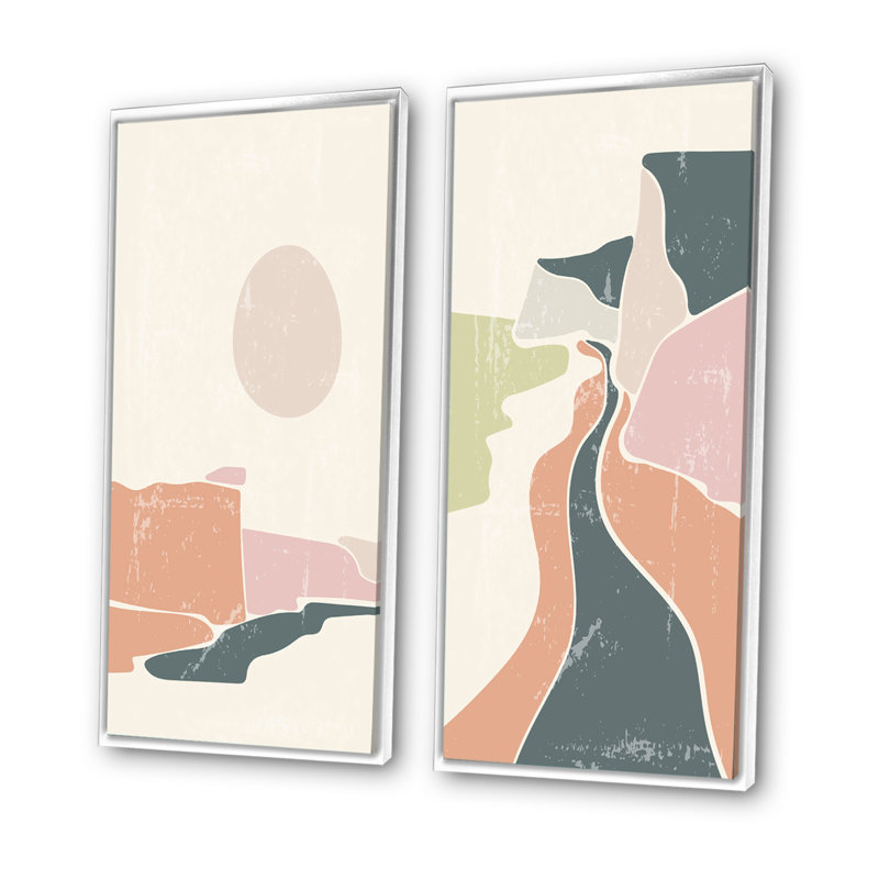 «Retro Coloured Vintage Landscape I», ensemble de 2 peintures, H 20 po x l 24 po x P 1 po, Toile avec cadre blanc
