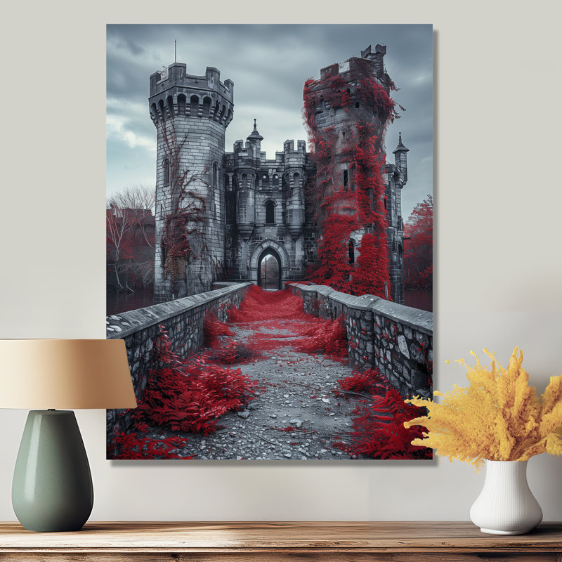 Monochromes gris, rouge, automne, Angleterre, château I - châteaux, art mural, salon, Métal métal, H 32 po x l 16 po x P 1 po