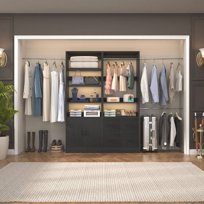 Système de garde-robe en bois de 49,2 po à 127,9 po avec tablettes et tiroirs réglables, Noir