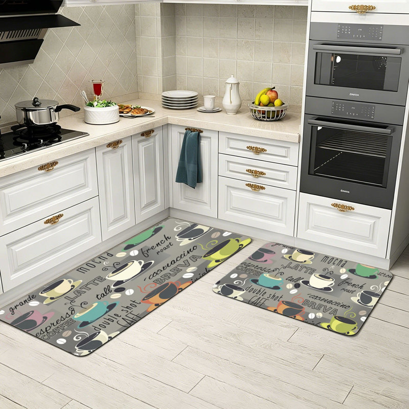 Neutral Grey Multi Coffee Cup Typography 2 Pack Kitchen Rugs, Coffee Bar Dining Room