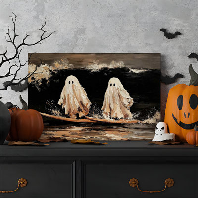 Tableau sur toile encadré (1 pièce), affiche humoristique de fantômes surfeurs, style fantaisiste, idéal pour Halloween. Parfait pour le salon, la chambre à coucher, le bureau, la salle de bain, une chambre d'étudiant ou toute autre pièce de la maison. Prêt à accrocher.