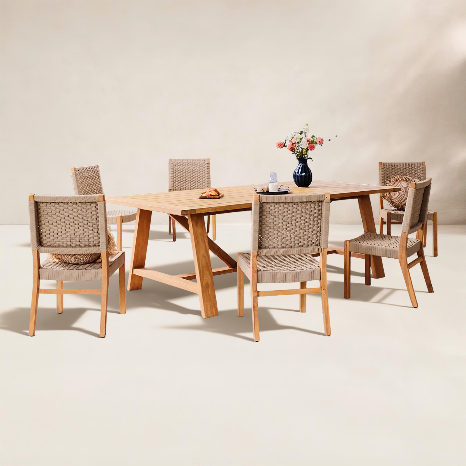 90" Teak Patio Dining Set, Tan