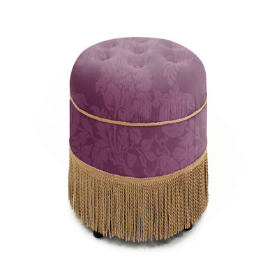 24" Round Upholstered Accent Ottoman, Purple Floral Sateen Jacquard with Gold Trim