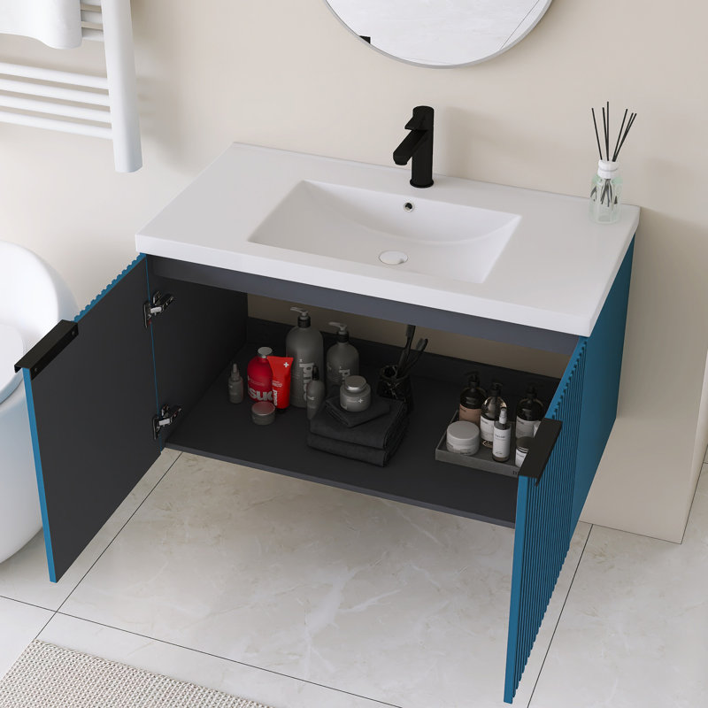 Meuble-lavabo mural simple 36 po avec plateau en résine intégré blanc, Bleu