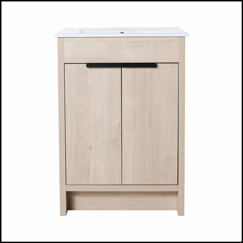 Meuble-lavabo autoportant avec lavabo en céramique noire et 2 portes d'armoire à fermeture en douceur, pour des salles de bain modernes et élégantes