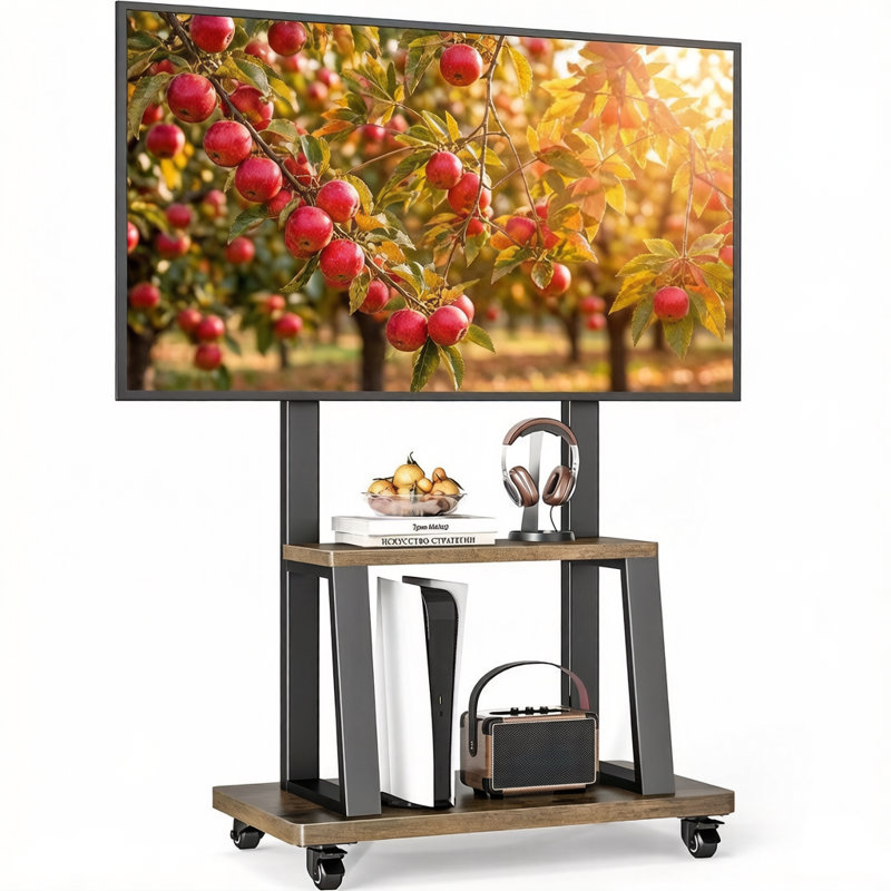Meuble télé mobile sur roulettes pour téléviseur de 32 à 75 pouces, support réglable et tablettes en bois, capacité de 150 lb, blanc