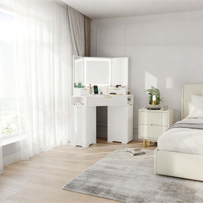 Vanity Table with Lighted Mirror, Drawers, Cabinets and Charging Station for Bedroom