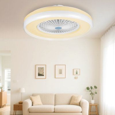 24" Rgb Ceiling Fans With Lights, Smart Bladeless Ceiling Fan With Time Setting, Modern Low Profile Dimmable Led For Bedroom, Living Room, White
