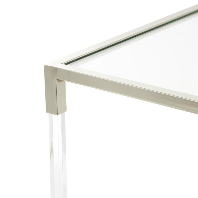 Nichalaus Acrylic Plastic Cube Shaped Clear Coffee Table with Silver Frame Supports