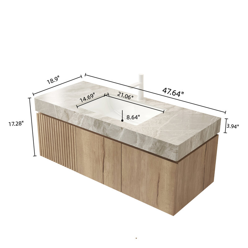 Meuble-lavabo de salle de bain de style 48 po, pierre frittée grise, armoire flottante en contreplaqué, 2 portes, 1 tiroir, couleur chêne blanc, comptoir en pierre facile à installer, armoire avec portes et tiroirs, préassemblée, haute performance