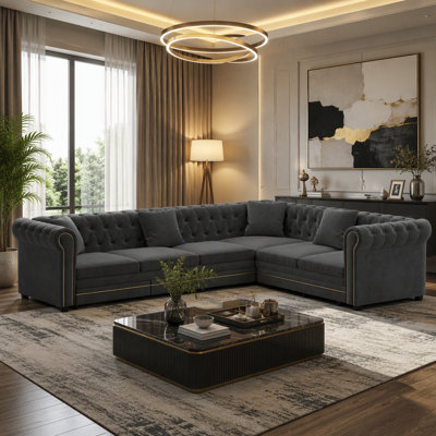 Canapé-lit en L avec lit escamotable, canapé-lit convertible surdimensionné, canapé capitonné en velours, accoudoirs roulés à garniture dorée, canapé de luxe surdimensionné à siège profond avec coussins décoratifs pour le salon