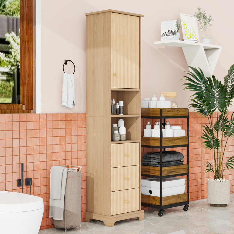 Armoire de rangement autoportante pour salle de bain avec tablette réglable, 3 tiroirs et poignées en métal