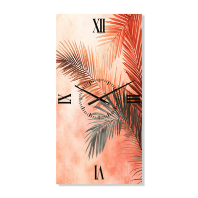 Terracotta Palm Vibes III - Horloge murale rose bohème silencieuse en métal, imprimée sur métal