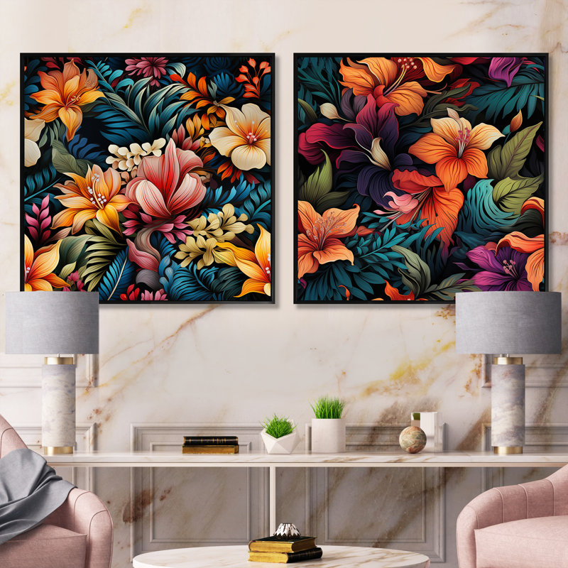 Oasis d'hibiscus exotique en pleine floraison I - ensemble de 2 collages floraux carrés, Cadre flottant noir