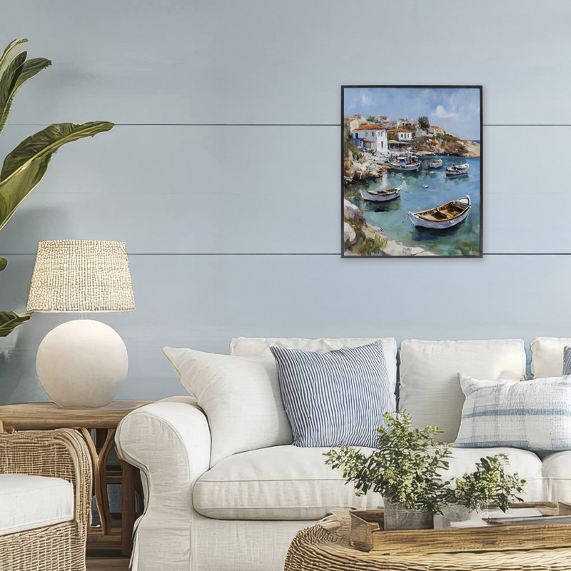 Giclée encadrée de bateaux de village italien, design par Franklyn Gregory, H 20 po x l 16 po, Giclée encadrée noir minuit
