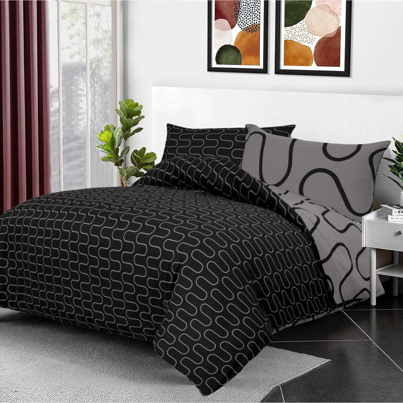 Microfiber Duvet Cover Set with Pillowcases, Black/Grey Wave, Kingsize Duvet Cover Set + 2 Pillowcases, 3
