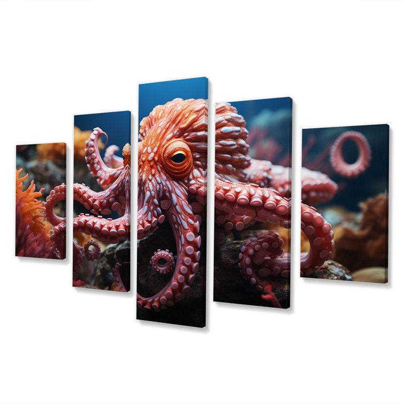 Corail Octopus Serene submersion I - animaux, reproduction sur toile - 5 panneaux