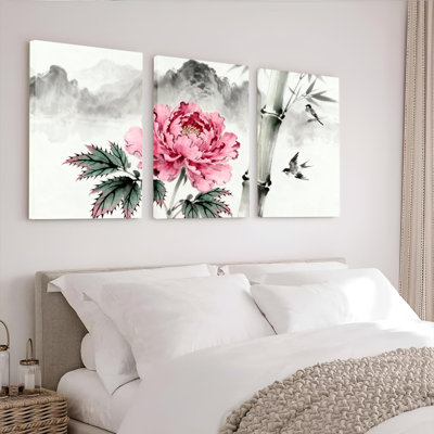 Pivoine et bambou, peinture à l'encre de Chine sur toile, impression florale orientale traditionnelle (ensemble de 3)