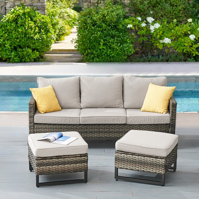 Nazime 74.02" Wide Outdoor Wicker Patio Sofa with Cushions and Ottomans