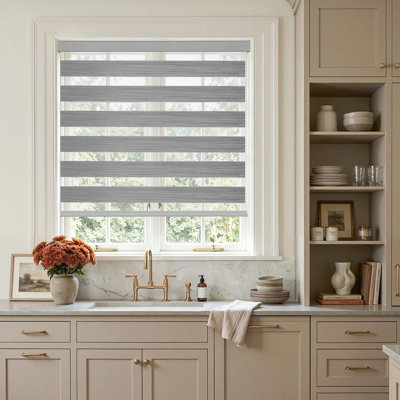 Dual Layer Cordless Zebra Roller Shades, Light Control Free-Stop Window Blinds with Light-Proof Aluminum Cover, Gray, 46" W x 75" H