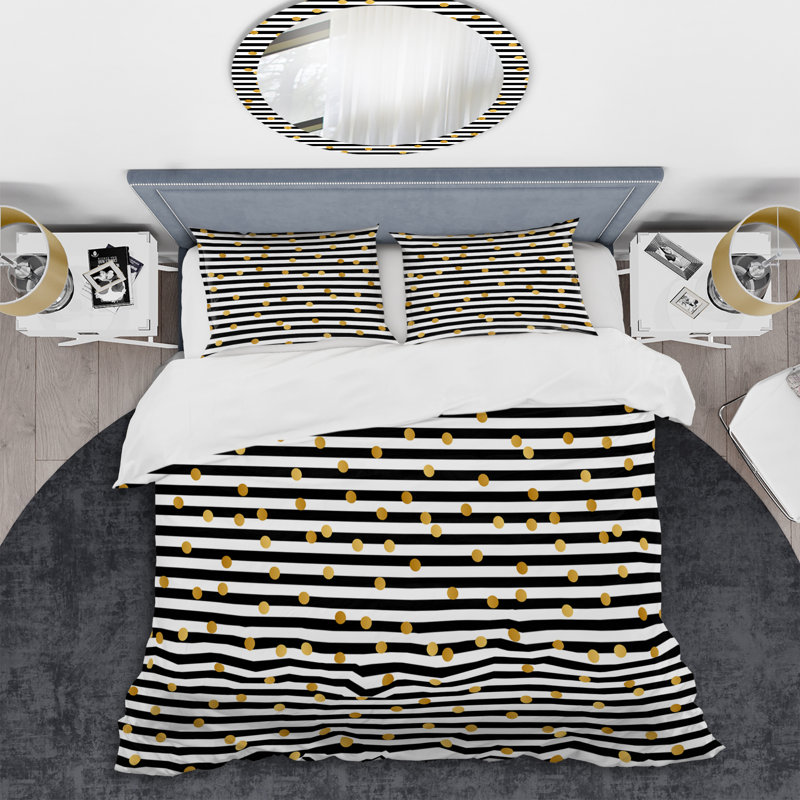 Gold Circle Dots - Abstract Duvet Cover Set - Microfiber Polyester, Queen Duvet Cover + 2 Standard Shams