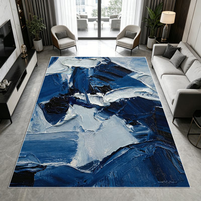 1PC Abstract Navy Blue & White Thick Oil Painting Style area rugs for Living Room, Soft and Comfortable, Suitable for all seasons, easy-to-maintain, machine washable Indoor floor mat, Under Table Farmhouse suitable for dining table, bedroom, kitchen,