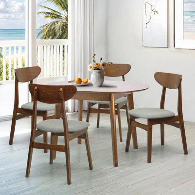 5 Piece Dining Table Set, 4 Solid Wood Yumiko Chairs w Extendable Round Dining Table, Kitchen Set for Four, Dining Room Set