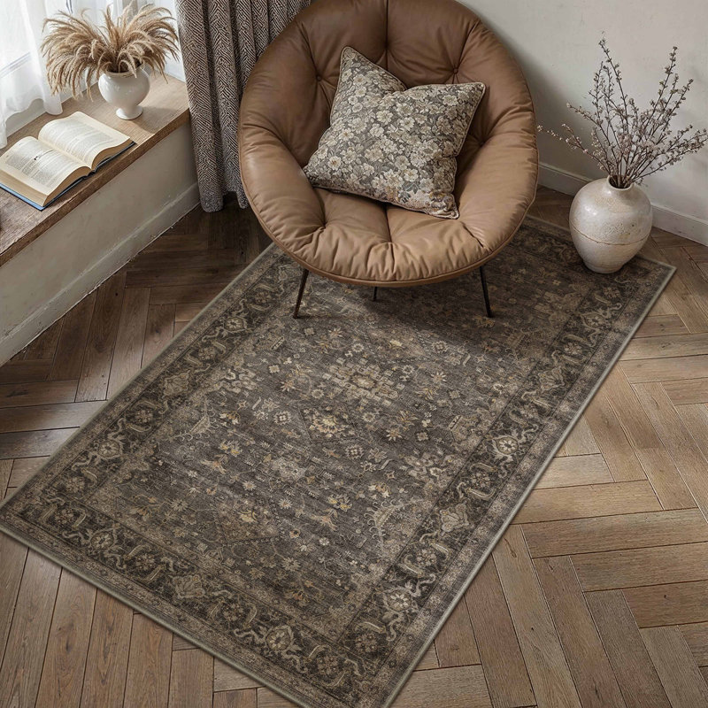 Tapis oriental lavable à la machine avec envers antidérapant Avella, Brun, Rectangulaire 3 pi x 5 pi